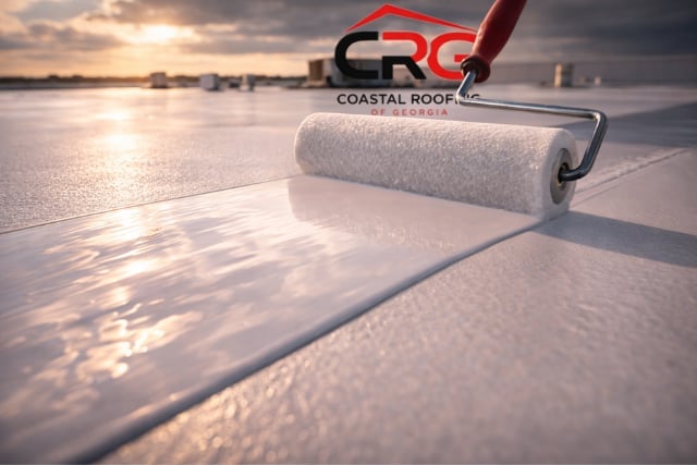 A paint roller applying white coating to a rooftop surface with the Coastal Roof Company logo and cityscape visible in the background