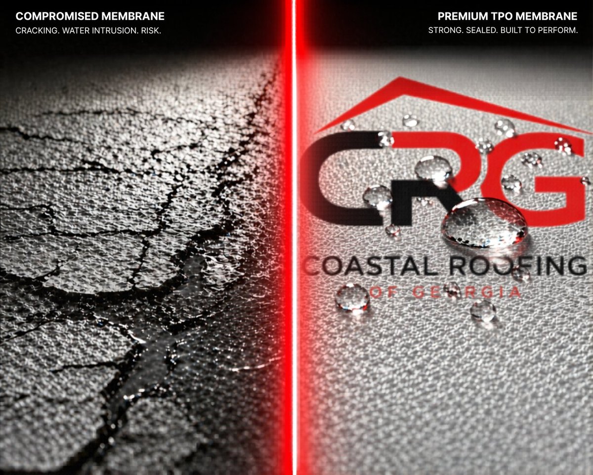 Comparison of compromised roof membrane with cracking and water intrusion versus premium TPO membrane with CRG Coastal Roofing logo