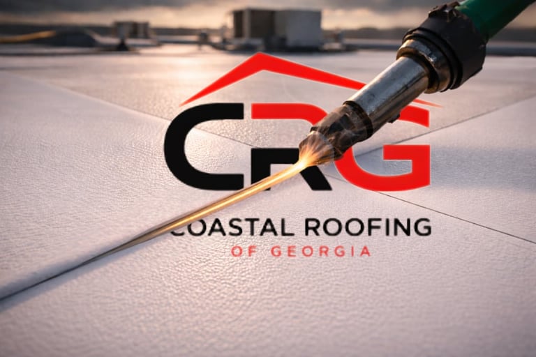 Coastal Roofing of Georgia logo on a roof with a roofing torch applying sealant material